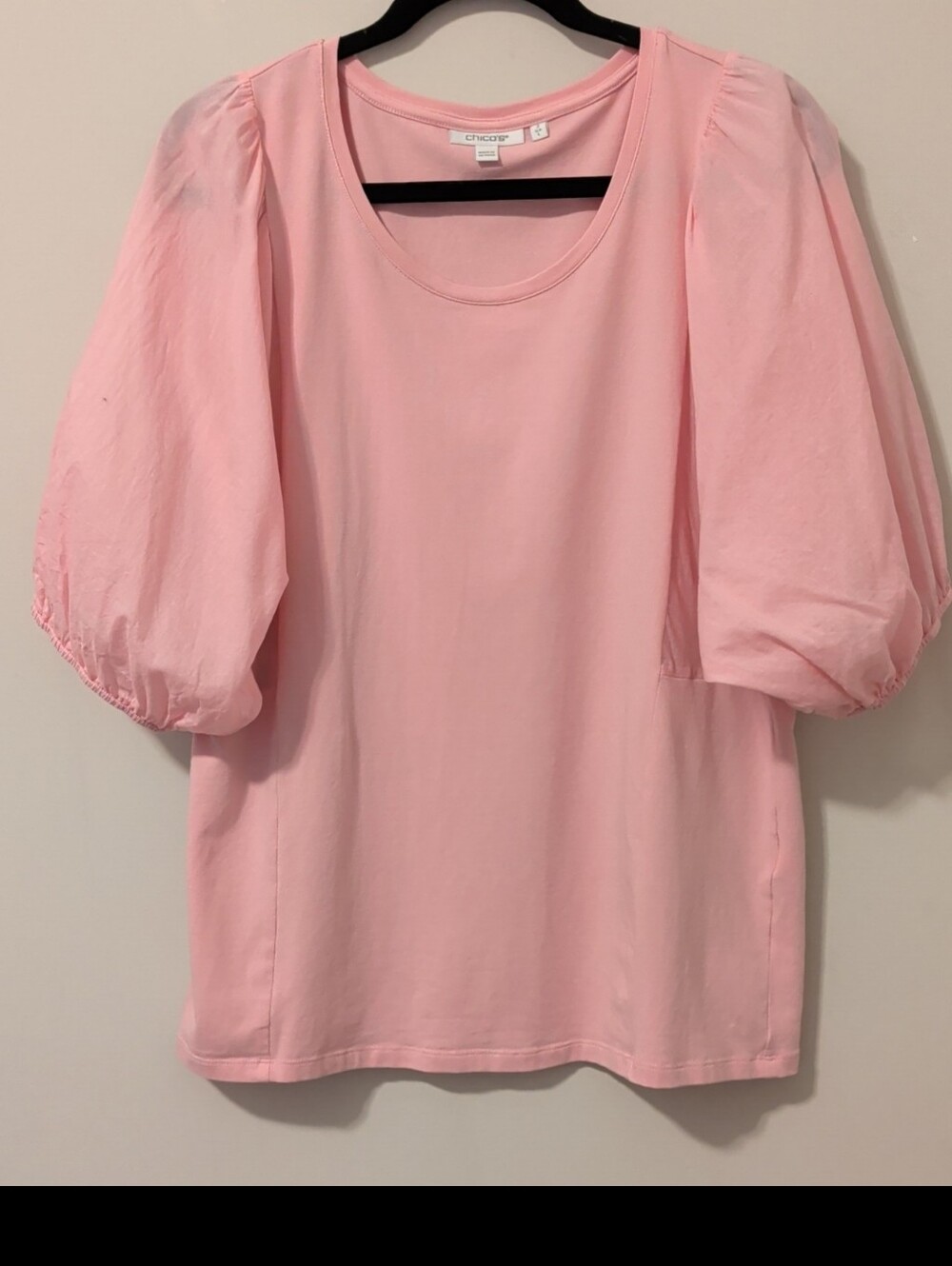 Chico's Bubblegum Pink 3/4 Puff Balloon Sleeve Cotton Stretch Knit Gathered Cuff